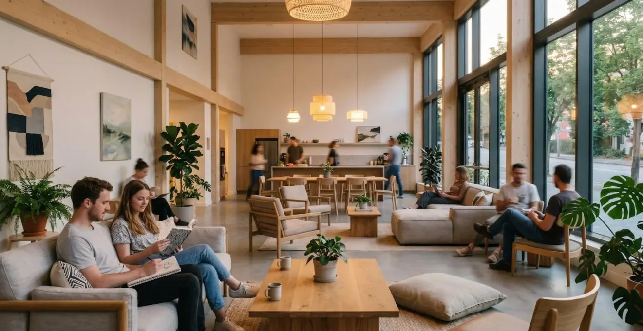 Interno minimalista di uno spazio comune in ostello design con atmosfera accogliente