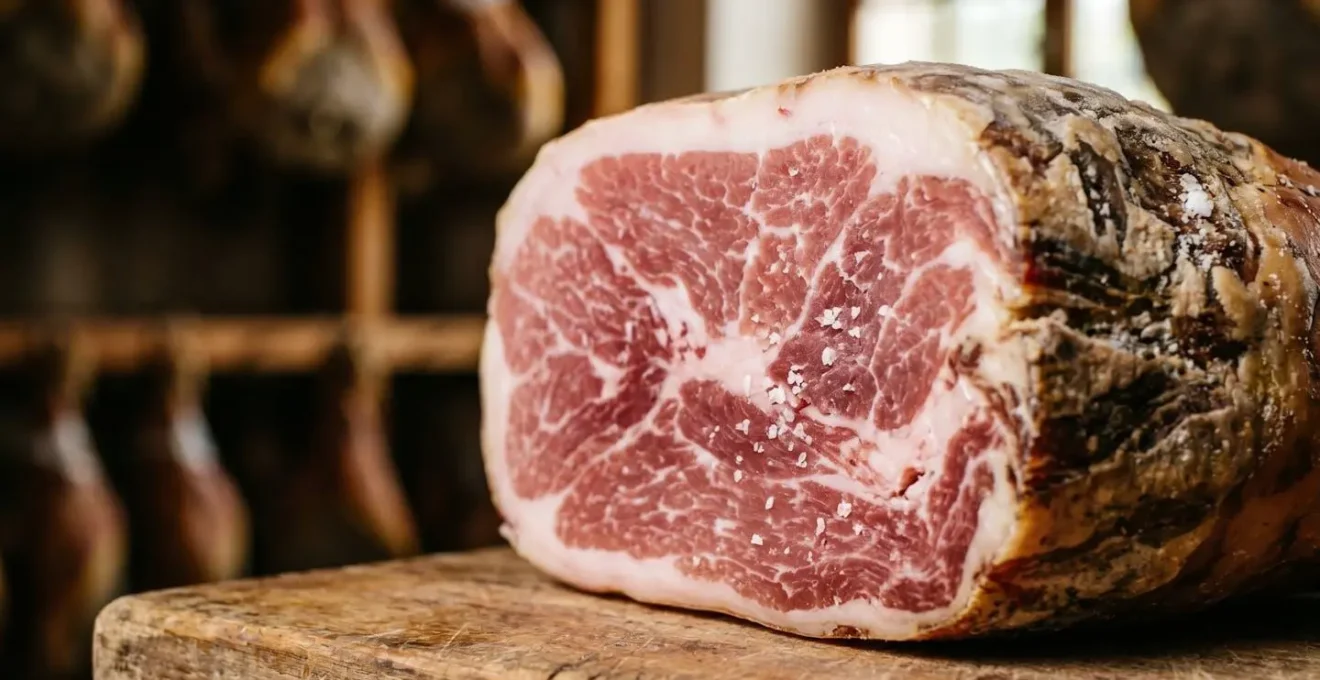 Cantina di stagionatura del Prosciutto di Parma con prosciutti appesi in ambiente naturale