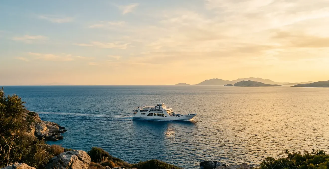 Traghetto moderno che naviga tra le isole del Mediterraneo con veicoli a bordo al tramonto