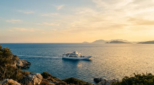 Traghetto moderno che naviga tra le isole del Mediterraneo con veicoli a bordo al tramonto