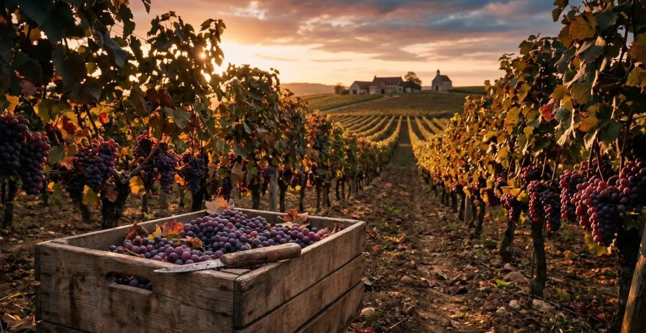 Atmosfera autentica di vendemmia in un vigneto europeo durante l'autunno