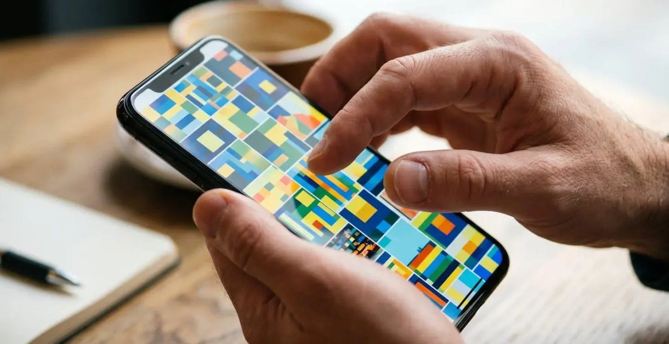 Mani che utilizzano smartphone per verificare l'autenticità di foto di alloggio tramite ricerca inversa immagini