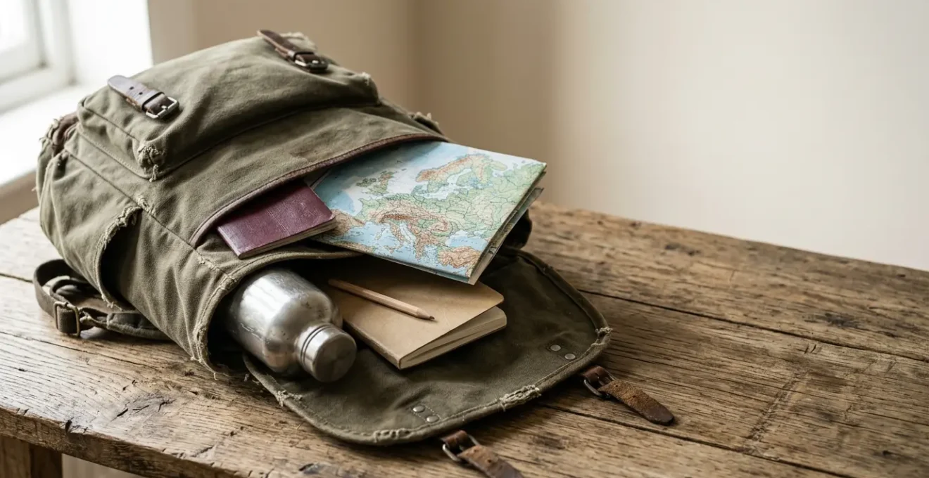 Zaino da backpacker aperto con mappa Europa e passaporto in ambiente luminoso