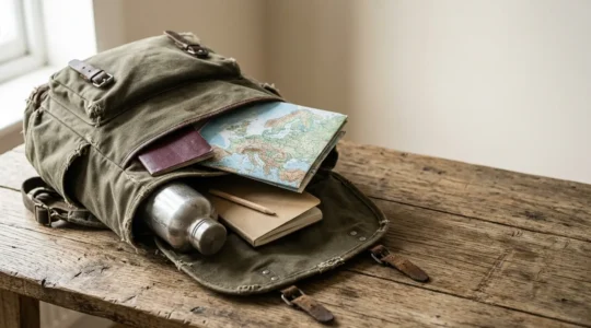 Zaino da backpacker aperto con mappa Europa e passaporto in ambiente luminoso