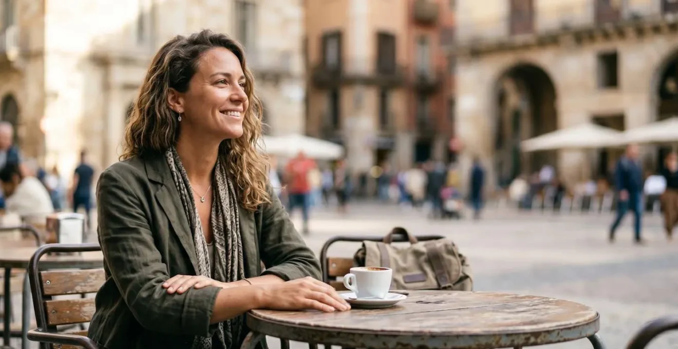 Persona che si gode un momento di relax in un caratteristico caffe europeo con vista sulla piazza storica
