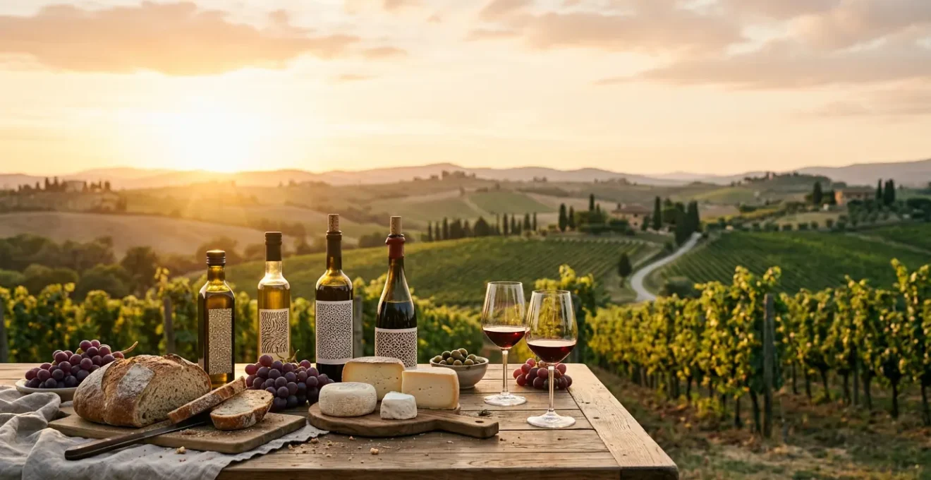 Tavolo rustico con prodotti locali autentici e calici di vino in un vigneto europeo al tramonto