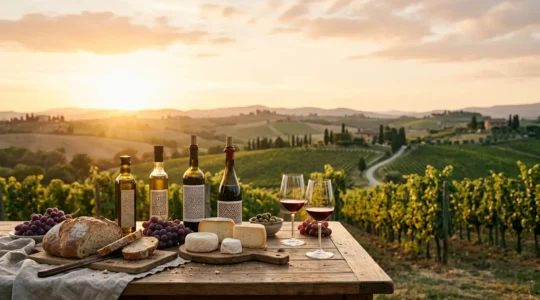 Tavolo rustico con prodotti locali autentici e calici di vino in un vigneto europeo al tramonto