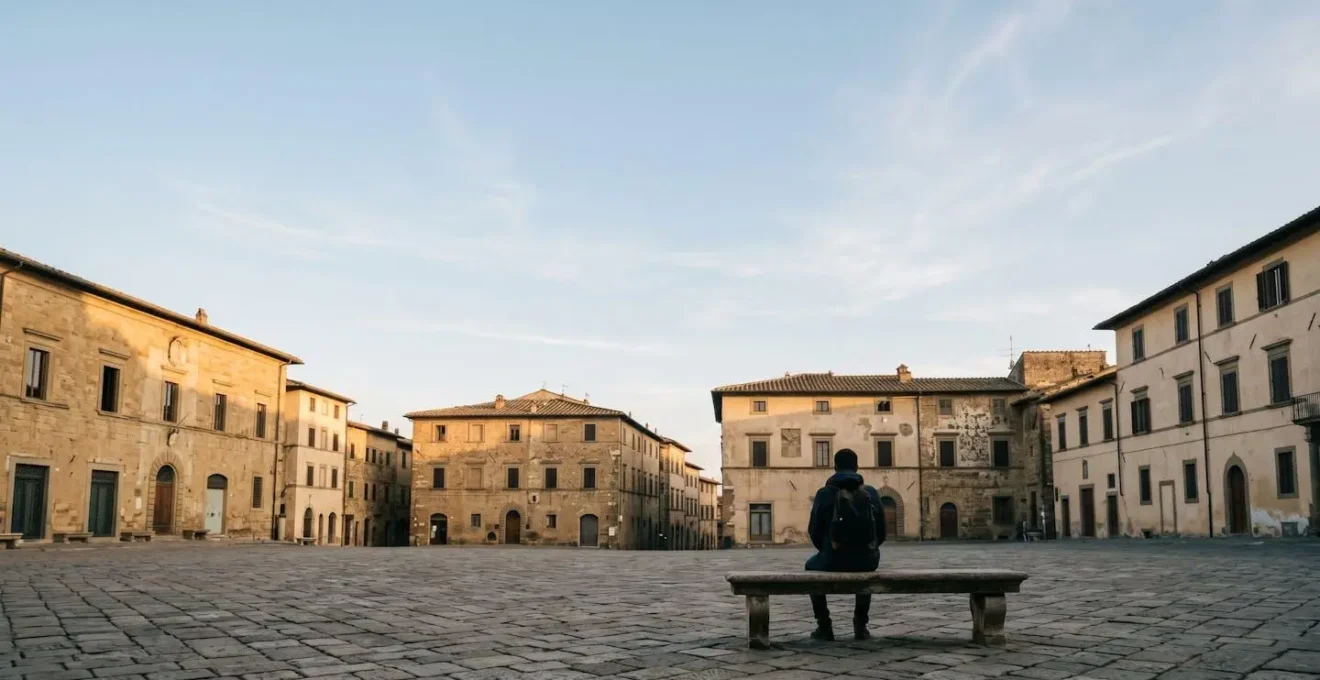 Ambiente urbano europeo visto con prospettiva contemplativa che enfatizza la dimensione temporale dell'esperienza culturale