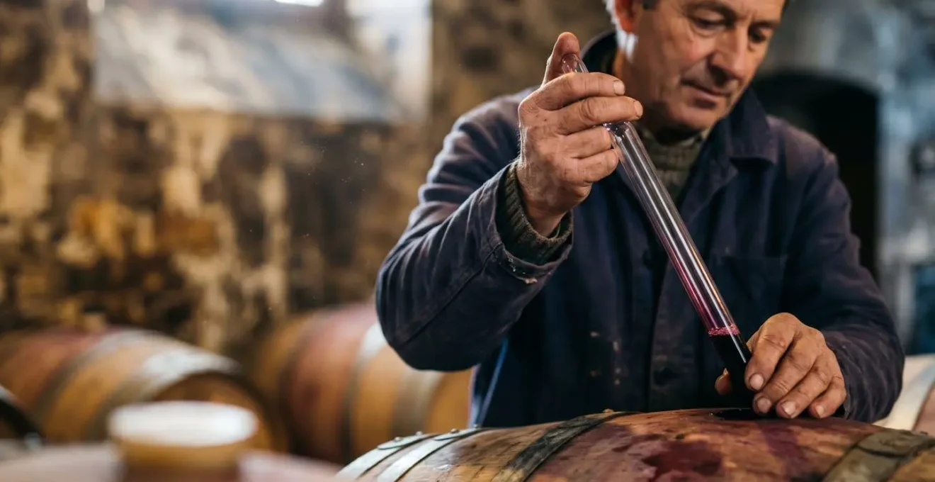 Vignaiolo al lavoro tra le botti di una cantina tradizionale francese