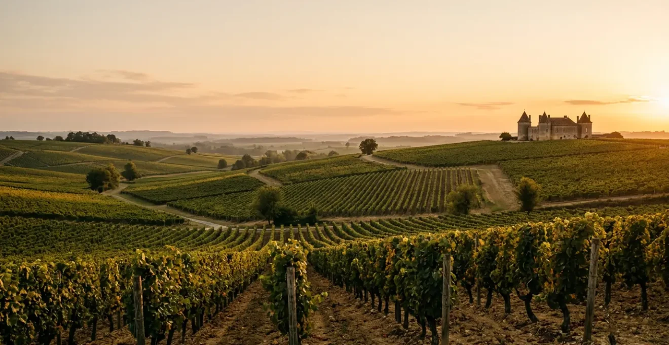 Paesaggio di vigneti francesi con filari ordinati sotto il cielo al tramonto
