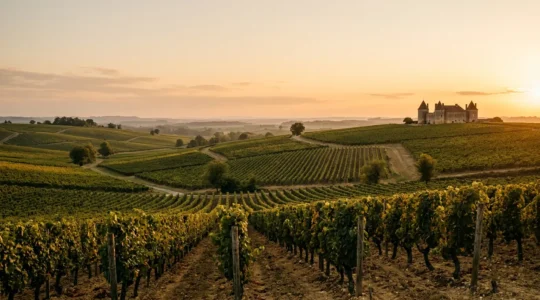 Paesaggio di vigneti francesi con filari ordinati sotto il cielo al tramonto