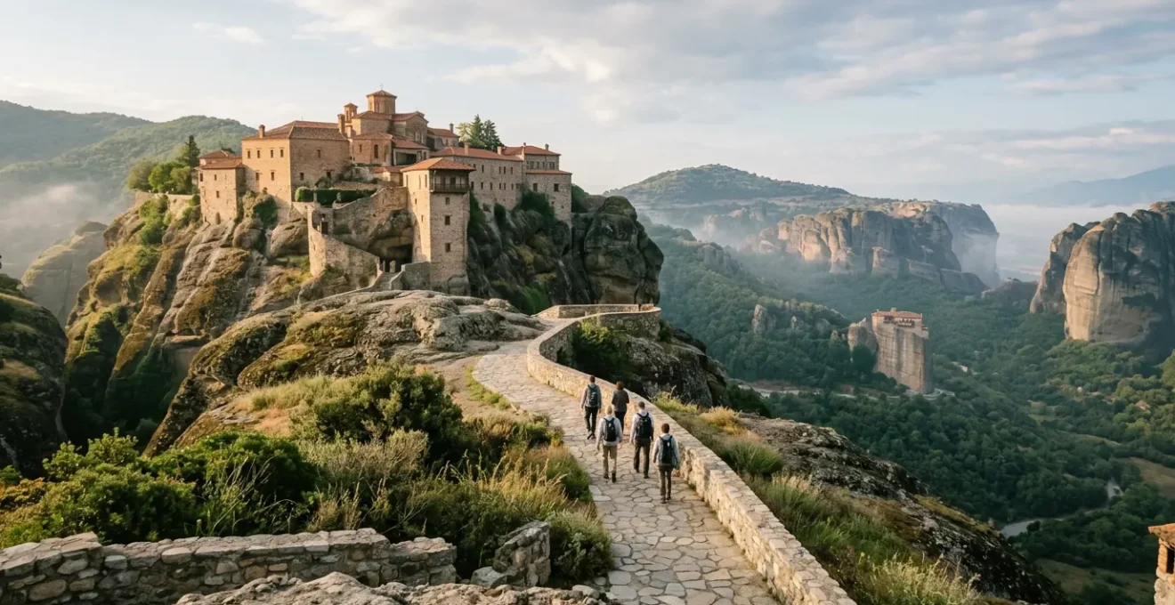 Paesaggio culturale europeo patrimonio UNESCO con visitatori responsabili che apprezzano l'architettura storica in armonia con la natura