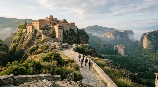Paesaggio culturale europeo patrimonio UNESCO con visitatori responsabili che apprezzano l'architettura storica in armonia con la natura