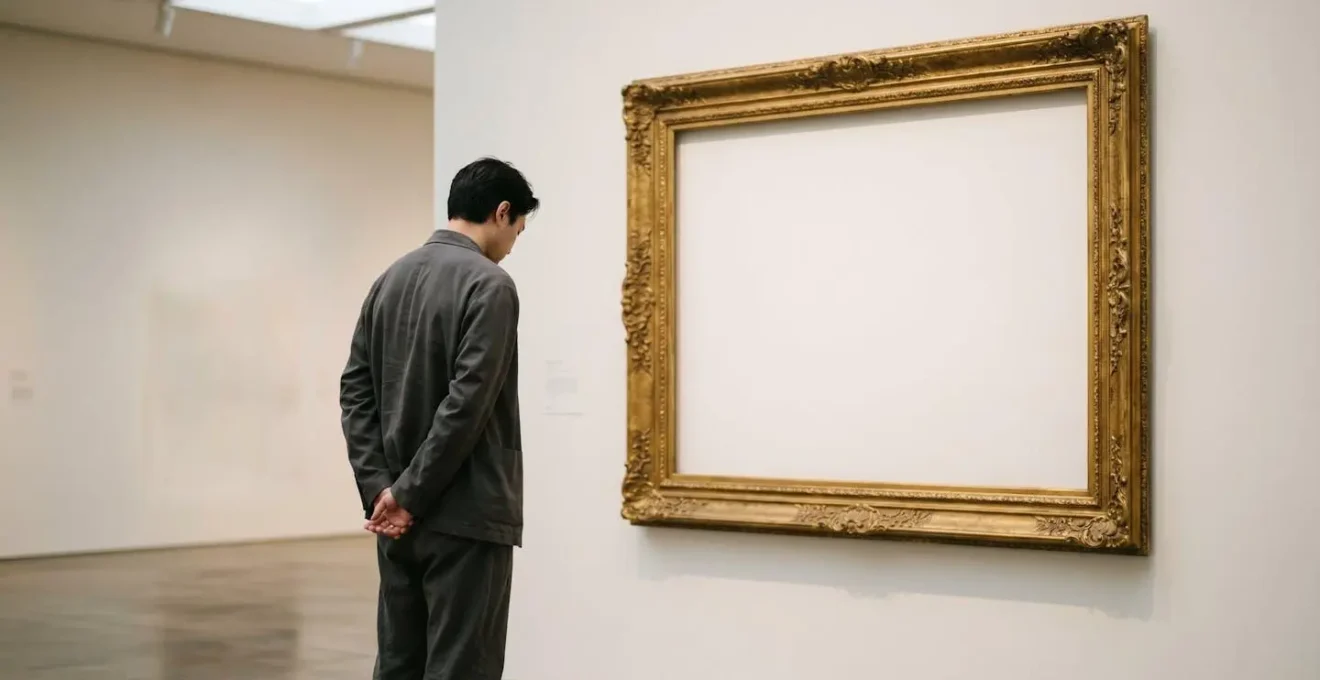 Persona in piedi davanti a una cornice vuota in un museo, rappresentando la riflessione critica sull'autenticità artistica