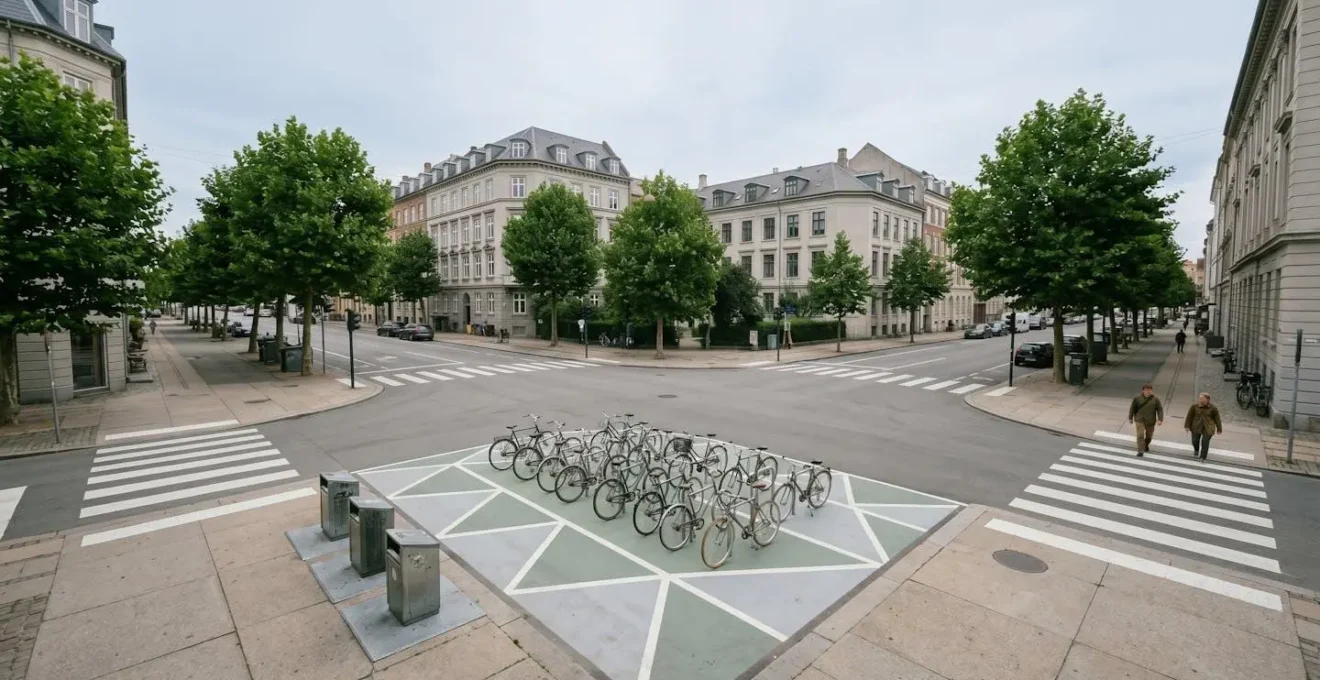 Vista dall'alto di un'area urbana con segnaletica per zone di parcheggio bike sharing