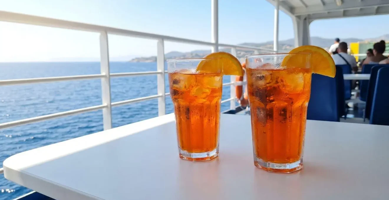 Primo piano di bicchieri di aperitivo spritz su un tavolino di traghetto con vista mare sfocata sullo sfondo