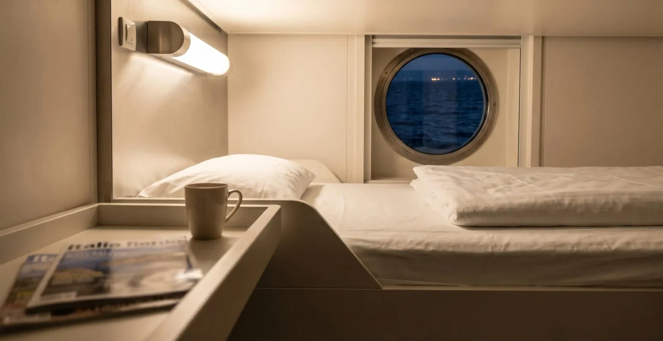 Dettaglio ravvicinato dell'interno di una cabina moderna di traghetto con lenzuola bianche fresche, luce di lettura e piccolo oblò che mostra il mare notturno