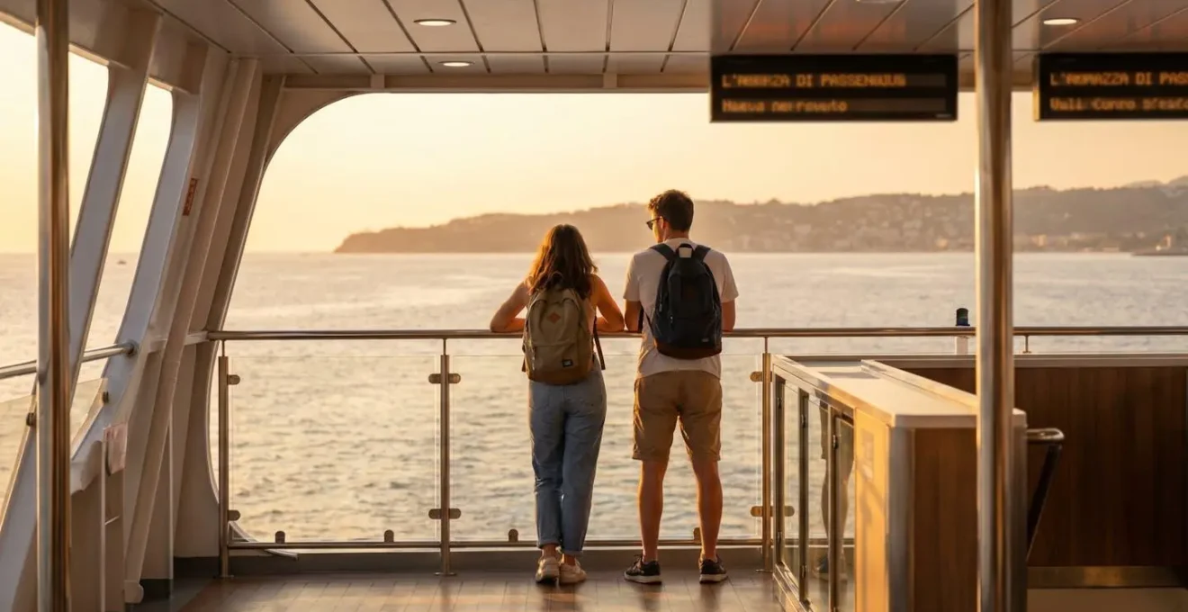 Una coppia giovane osserva l'orizzonte del mare dal ponte esterno di un traghetto moderno al tramonto, momento candido di viaggio
