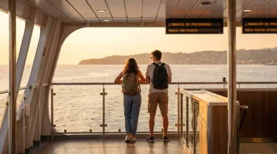 Una coppia giovane osserva l'orizzonte del mare dal ponte esterno di un traghetto moderno al tramonto, momento candido di viaggio