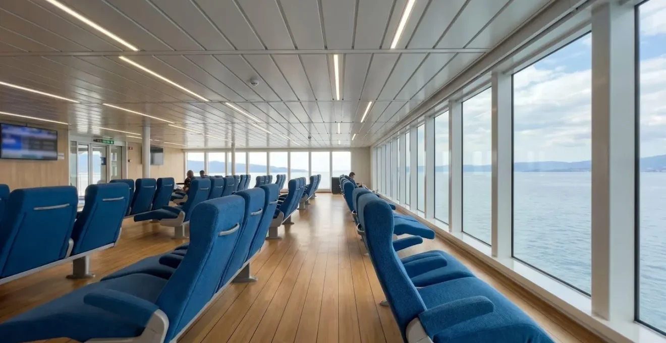 Ampia sala interna di un traghetto moderno con file di poltrone reclinabili blu, grandi finestroni con vista mare e illuminazione naturale