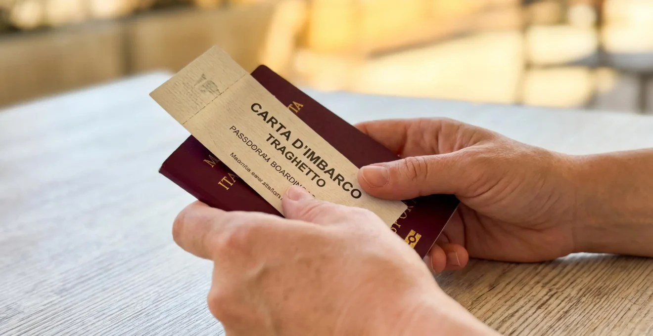 Primo piano di mani che tengono una carta d'imbarco per traghetto e un passaporto italiano su una superficie chiara