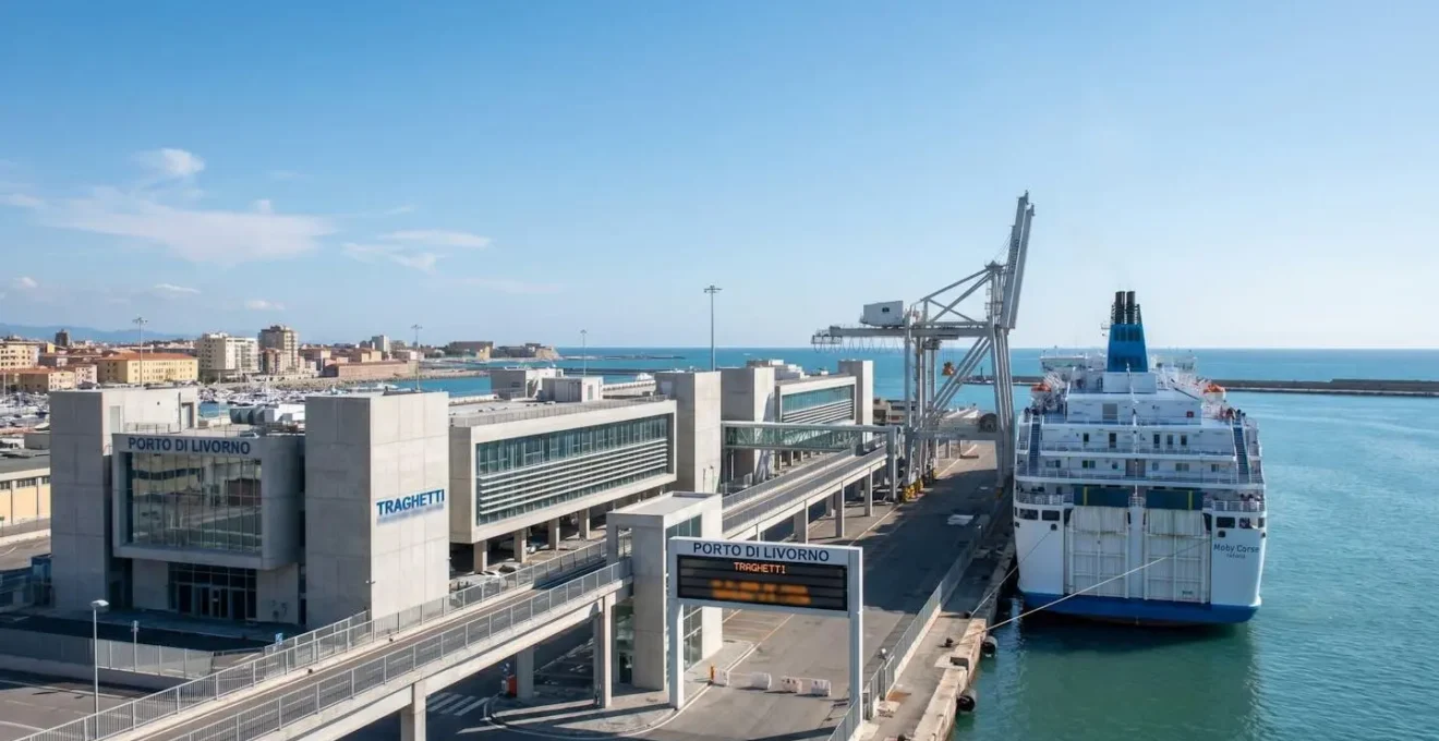 Vista panoramica del terminal traghetti del porto di Livorno con una nave ormeggiata lungo la banchina