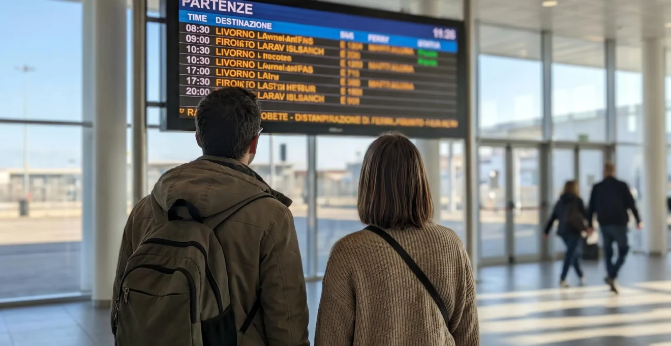 Due viaggiatori visti di spalle osservano il tabellone elettronico delle partenze in un terminal portuale moderno e luminoso