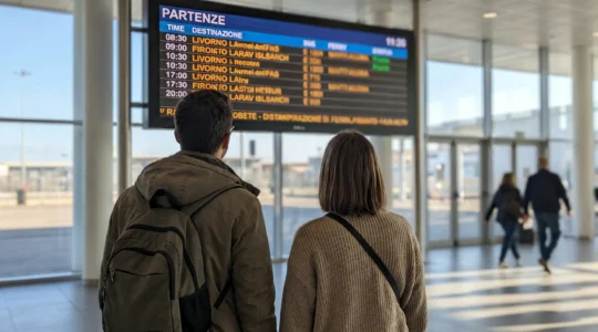 Due viaggiatori visti di spalle osservano il tabellone elettronico delle partenze in un terminal portuale moderno e luminoso