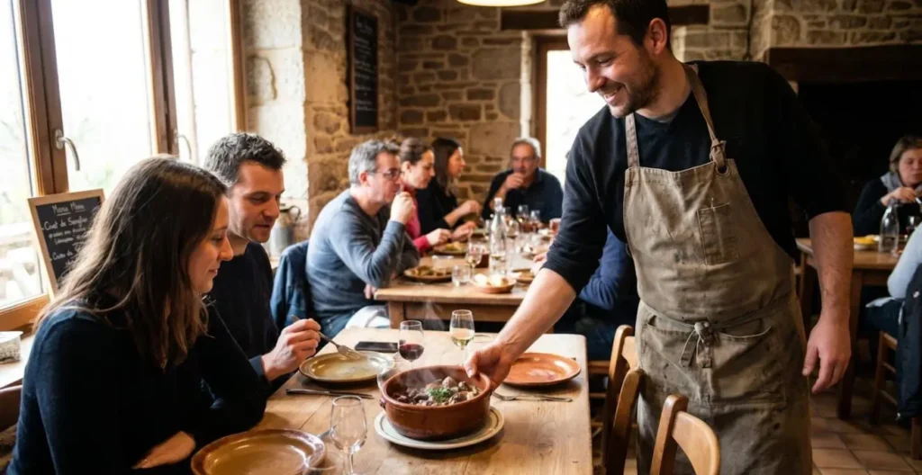 Cameriera che presenta piatto tradizionale corso a tavolo di ristorante rustico con clienti sfocati sullo sfondo in ambiente accogliente Cameriera che presenta piatto tradizionale corso a tavolo di ristorante rustico con clienti sfocati sullo sfondo in ambiente accogliente