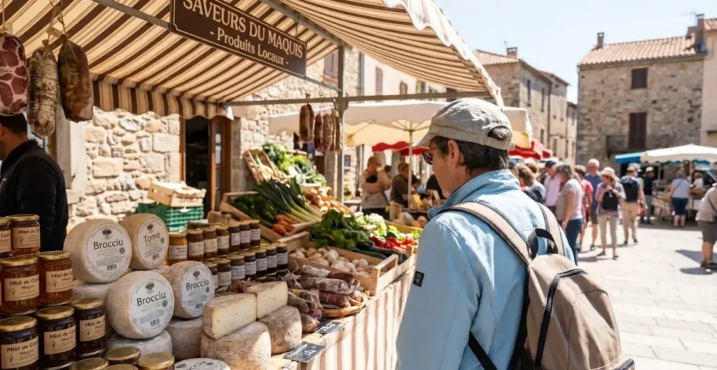 Cliente di spalle che osserva prodotti locali esposti su bancarella di mercato contadino in piazza di villaggio corso sotto il sole Cliente di spalle che osserva prodotti locali esposti su bancarella di mercato contadino in piazza di villaggio corso sotto il sole