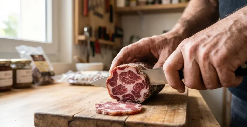 Primo piano ravvicinato di mani di artigiano che affettano coppa corsa stagionata su tagliere di legno in laboratorio moderno Primo piano ravvicinato di mani di artigiano che affettano coppa corsa stagionata su tagliere di legno in laboratorio moderno